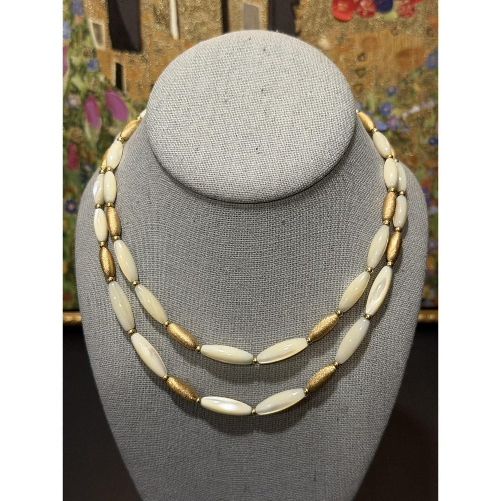 Vintage Napier Double Strand Oblong Mother of Pearl Gold Tone Beded Necklace‎